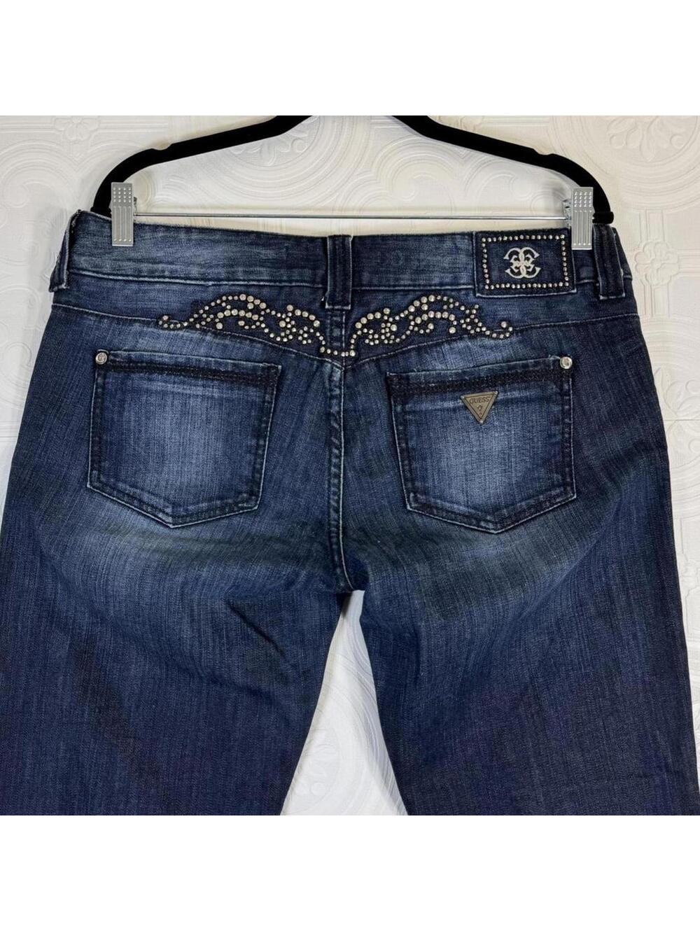 Vintage Y2K Guess Tramp Stamp Studded Low Rise Bootcut Jeans Size 32 Dark Wash